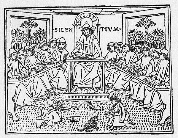 CLASSROOM, 1492. A schoolmaster with his class in Italy. Woodcut from Regulae Sypontinae