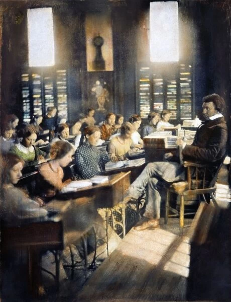 Classroom in the Emerson School for Girls, Boston, Massachusetts. Oil over a daguerreotype, c1850, by Southworth & Hawes