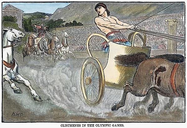 Cleisthenes of Sicyon (c600-570 B. C. ) winning the chariot race at the Olympic Games in ancient Greece, 582 B. C. : engraving, 19th century