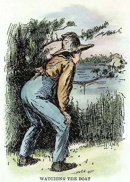 CLEMENS: HUCK FINN, 1885. Watching the boat. Huckleberry Finn as drawn by E. W