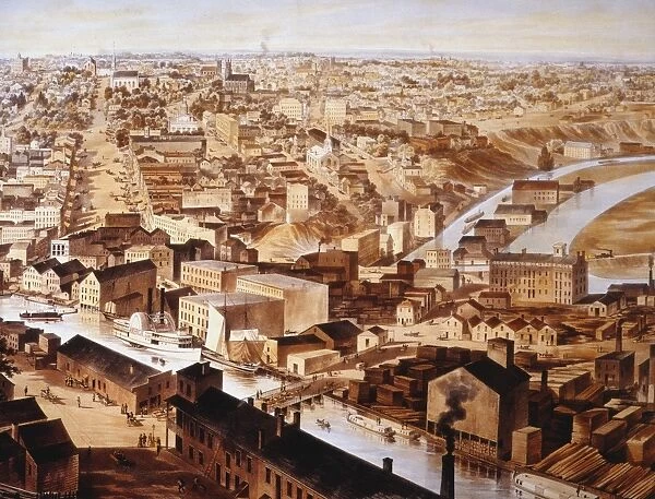 CLEVELAND, 1877. The commercial center of Cleveland, Ohio. Detail of a lithograph, 1877