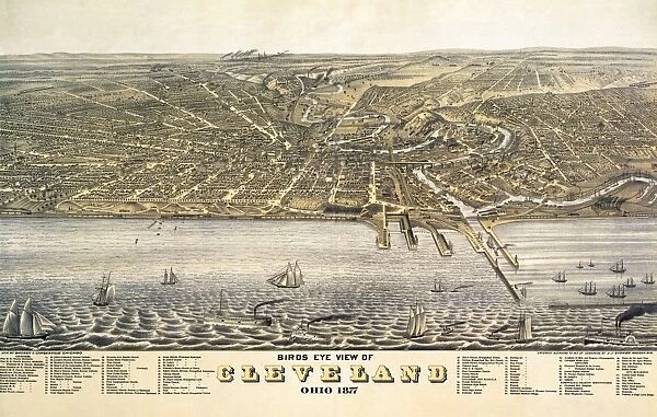 CLEVELAND, 1877. Panoramic view of Cleveland from Lake Eerie, complete with extensive legend
