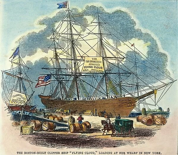 CLIPPER: FLYING CLOUD, 1851. The clipper ship Flying Cloud loading at New York for a voyage to San Francisco in 1851: contemporary colored engraving