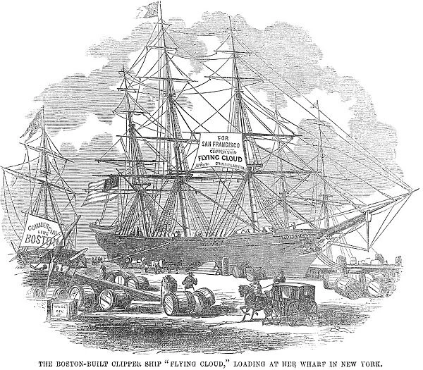 CLIPPER SHIP, 1851. The Boston-built clipper ship Flying Cloud, loading at her wharf in New York. Wood engraving, 1851