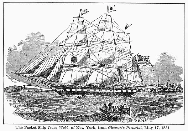 CLIPPER SHIP, 1851. The packet ship Isaac Webb of the Black Ball Line bound for Liverpool from New York, a normal voyage of seventeen days. Wood engraving, American, 1851