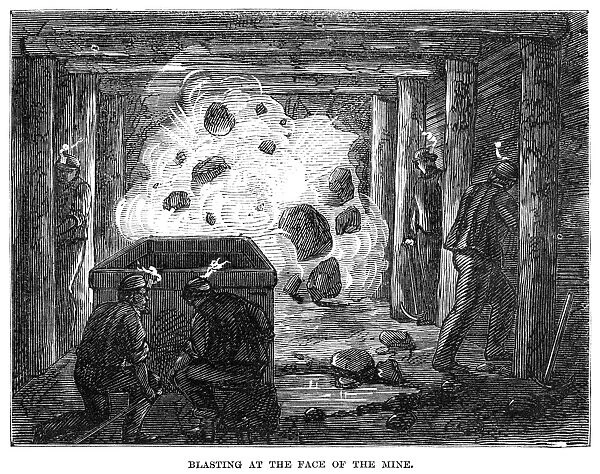 COAL MINE: BLAST, 1867. Blasting the at the face of a coal mine near Pottsville, Pennsylvania