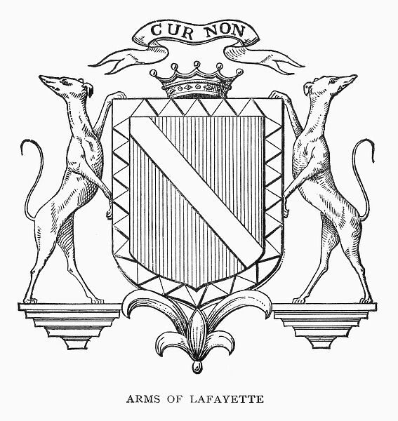 COAT-OF-ARMS: LAFAYETTE. The Lafayette coat-of-arms, with the motto Cur Non ( Why Not ). Wood engraving, American, 1881