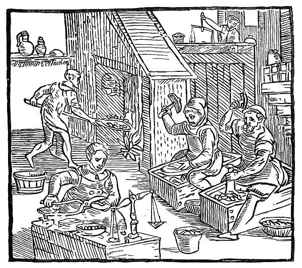 COINERS, 1577. Coiners at work. Woodcut, 1577, from Raphael Holinsheds Historie of England