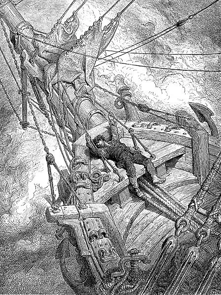 COLERIDGE: ANCIENT MARINER. It flung the blood into my head, and I fell down in a swound. Wood engraving after Gustave Dor