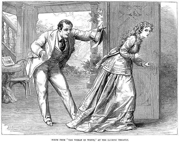 COLLINS: WOMAN IN WHITE. George Vinning as Count Fosco and Ada Dyas as Anne Catherick in a scene from the 1871 London theatrical production of Wilkie Collins The Woman in White. Contemporary English engraving