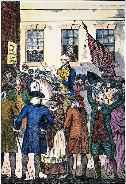 Colonel John Nixon making the first public reading of the Declaration of Independence in the State House Yard, Philadelphia, Pennsylvania, on 8 July 1776. Color English line engraving, 1783