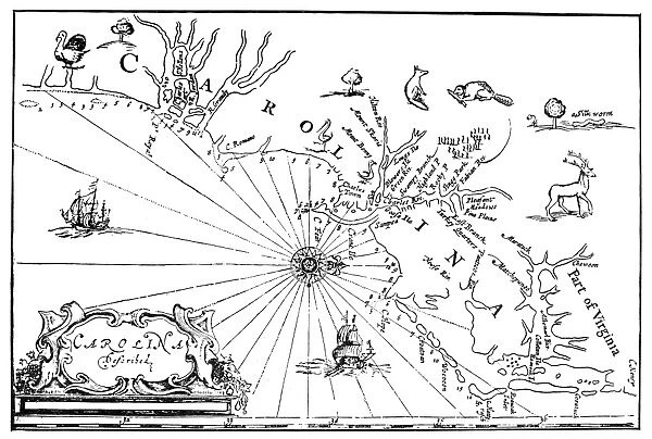 COLONIAL CAROLINA MAP. The earliest map of Carolina