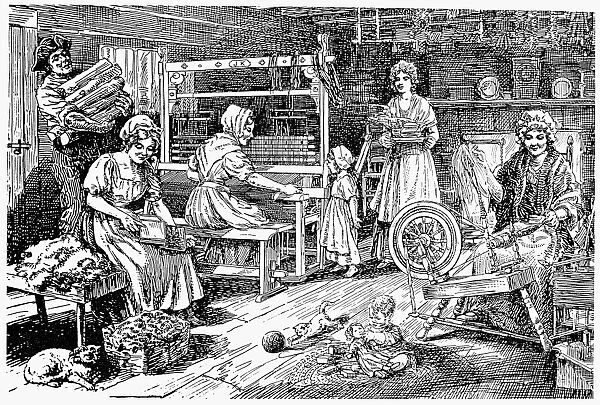 COLONIAL CLOTH MAKERS. Carding, spinning, and weaving woolen cloth in an 18th century