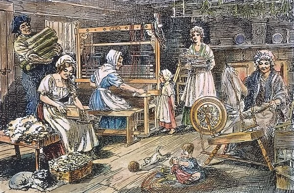 COLONIAL CLOTH MAKERS. Carding, spinning, and weaving woolen cloth in an 18th century