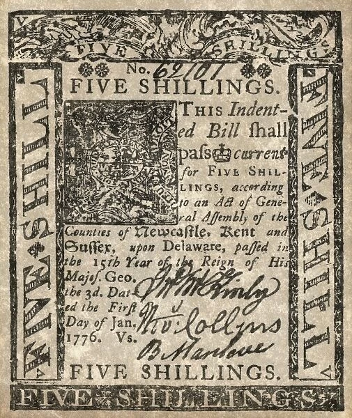 COLONIAL CURRENCY, 1776. Four shilling paper bill issued in Delaware, 1 January 1776