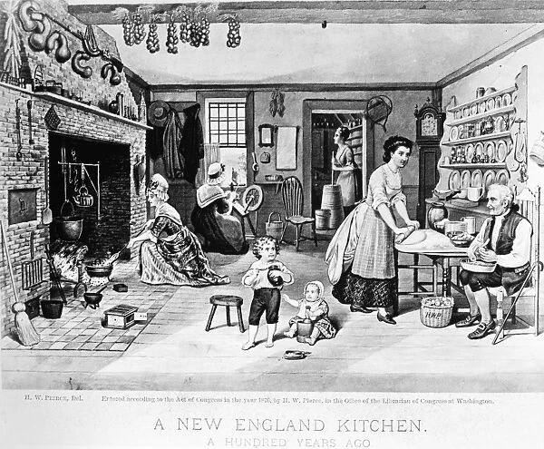 COLONIAL KITCHEN. A New England kitchen from the American Revolutionary War period