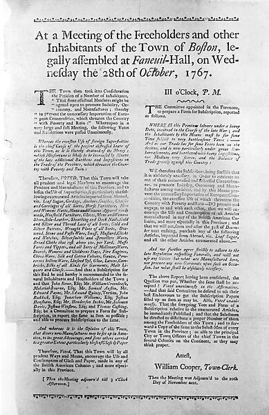 COLONIAL MEETING MINUTES. Broadside relating the minutes of the town meeting at Boston