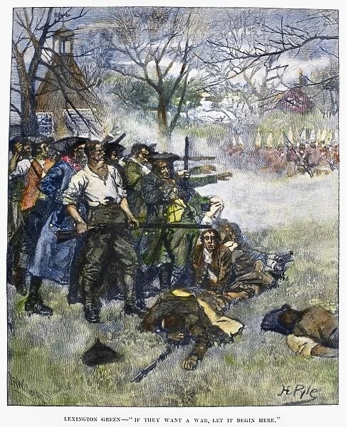 Colonial minutemen confront British troops on Lexington Green at the start of the American Revolution, 19 April 1775. Wood engraving, American, 1883, after Howard Pyle