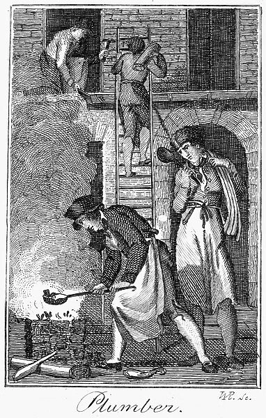 COLONIAL PLUMBER. A colonial American plumber assisted by indentured servants. Line engraving, late 18th century