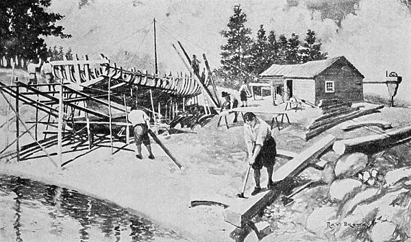 COLONIAL SHIPYARD, c1750. Colonial shipwrights at work. Illustration, 1919