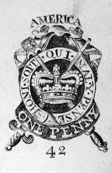 COLONIAL TAX STAMP. One penny British revenue stamp used in the American colonies