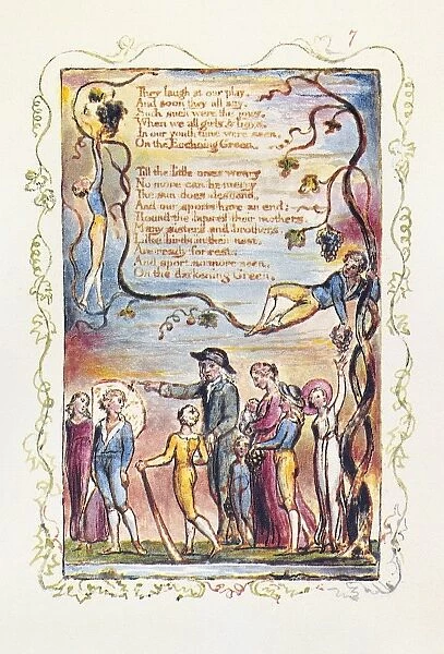Color relief etching by William Blake for the concluding stanzas of The Ecchoing Green, from his Songs of Innocence, 1789