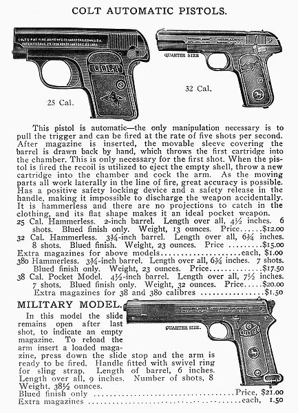 COLT AUTOMATIC PISTOLS. Page from an Abercrombie and Fitch catalog advertising Colt automatic pistols, early 20th century