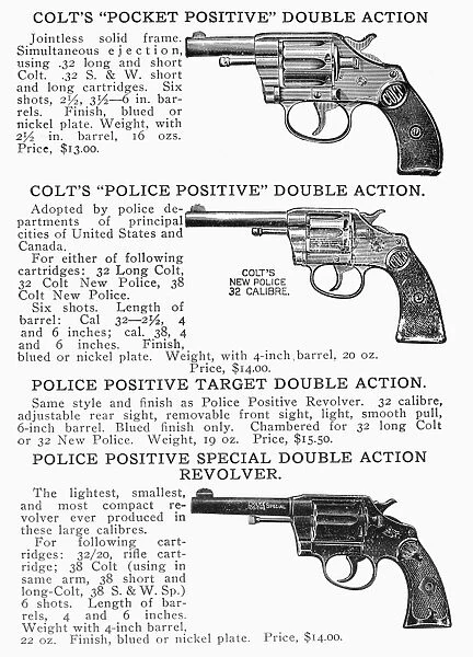 COLT REVOLVERS. Page from an Abercrombie and Fitch catalog advertising various Colt double action revolvers, early 20th century