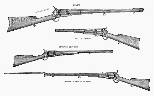 COLT WEAPONS, 1867. A selection of American military and sporting rifles manufactured by Colt. Wood engraving, 1867