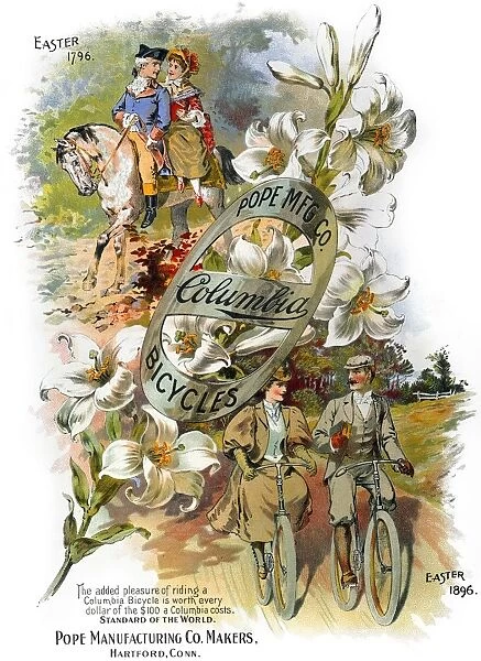 COLUMBIA BICYCLES POSTER. American lithographic advertising poster for Columbia Bicycles, 1896, by Sackett & Wilhelms