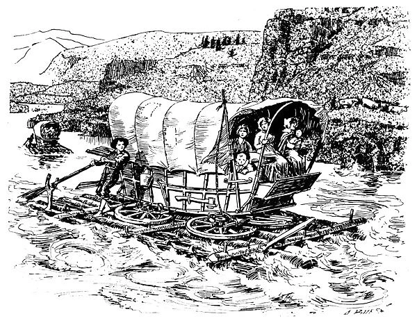 COLUMBIA RIVER. American pioneers traveling on the Oregon trail, rafting on the Columbia River