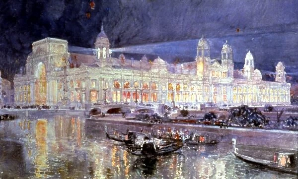 COLUMBIAN EXPO, 1893. The Electricity Building at the Worlds Columbian Exposition, Chicago, 1893: watercolor by Frederick Childe Hassam