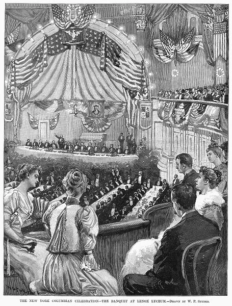 COLUMBUS ANNIVERSARY, 1892. The Columbian Banquet at the Lenox Lyceum in New York City, held in honor of the 400th anniversary of Christopher Columbus voyage to America, 12 October 1892. Contemporary American wood engraving after a drawing by W. P. Snyder