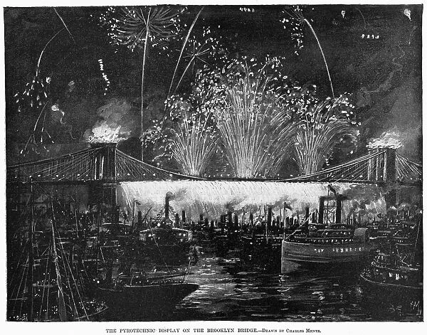 COLUMBUS ANNIVERSARY, 1892. Firework and pyrotechnic display at the Brooklyn Bridge in New York City during festivities held in honor of the 400th anniversary of Christopher Columbus voyage to America, 12 October 1892. Contemprary illustration by Charles Mente