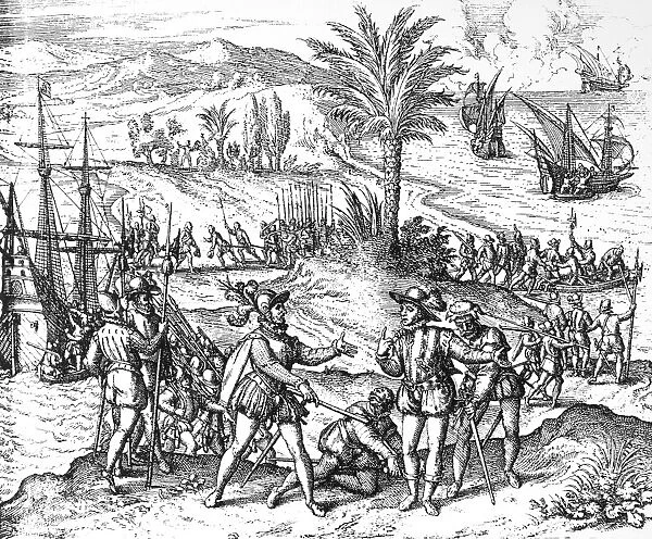 COLUMBUS: ARREST, 1500. The arrest of Christopher Columbus at Santo Domingo in 1500 by Francisco de Bobadillo. Line engraving, c1590, by Theodor de Bry