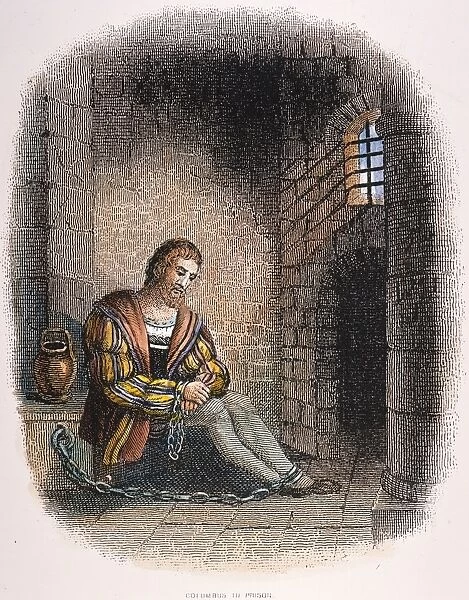 COLUMBUS: ARREST, 1500. Christopher Columbus in a Spanish prison, his hands shackled, following his arrest at Santo Domingo in 1500 by Francisco de Bobadillo: American engraving, 19th century