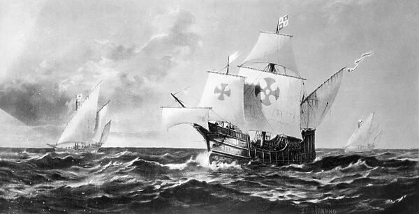 COLUMBUS: CARAVELS. The fleet of Christopher Columbus off the Canary Islands during
