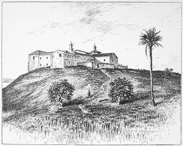 COLUMBUS: LA RABIDA. The convent of La Rabida at Huelva, Spain, where Christopher Columbus and his son Diego sought lodging shortly before Columbus sailed for the New World in 1492. Line engraving, American, 1892