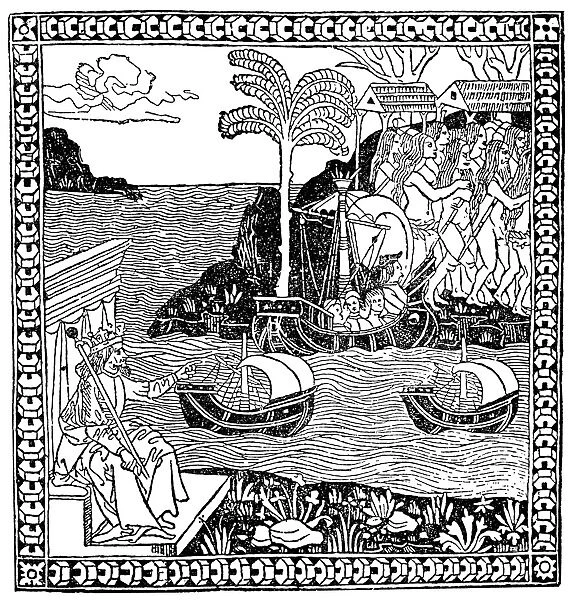 COLUMBUS IN NEW WORLD. The earliest depiction of Christopher Columbus landing in
