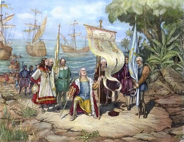 COLUMBUS: SAN SALVADOR, 1492. American depiction of the landing of Columbus at San Salvador