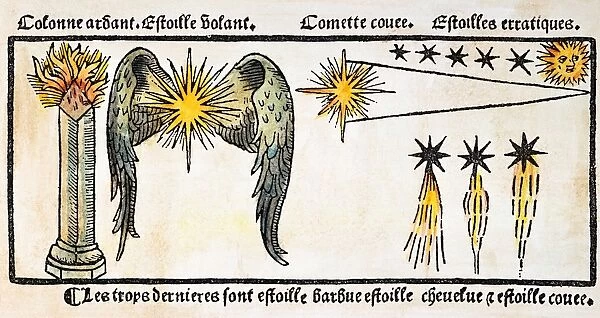 COMET, 1496. Different forms of comets. Colored woodcut from Nicolas Le Rouges Le grant kalendrier et compost des bergieres, Troyes, 1496
