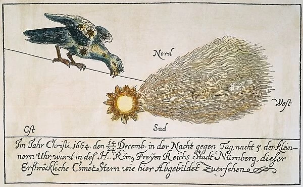 COMET, 1664. The Comet of 1664. Contemporary German colored engraving