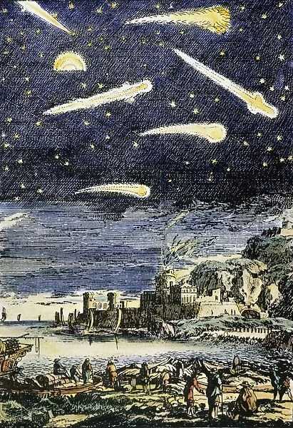 COMETS. Calamities on Earth Associated with the Passage of Comets : colored engraving, 17th century