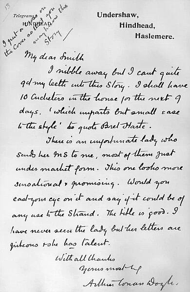 CONAN DOYLE: LETTER. Letter from Sir Arthur Conan Doyle to his editor H. Greenhough Smith, early 20th century