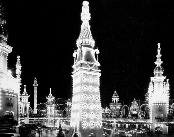 CONEY ISLAND, 1905. Luna Park amusement park at night, Coney Island, Brooklyn, New York