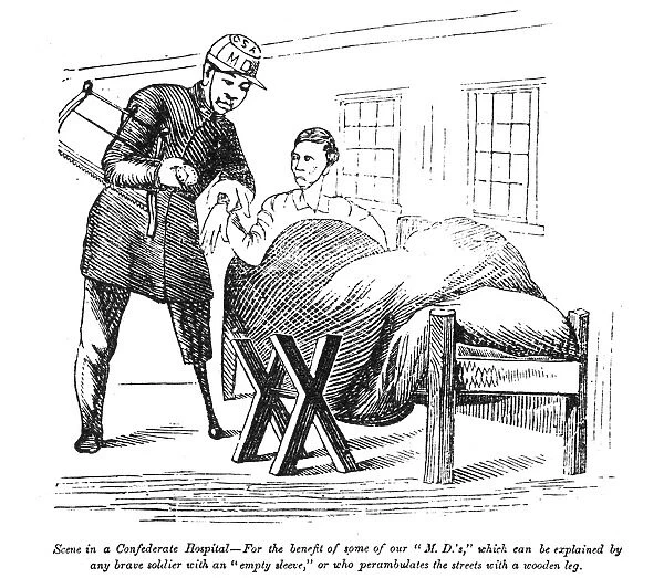 Confederate Army physician measuring the pulse of a wounded soldier. Wood engraving from an American newspaper of 1863
