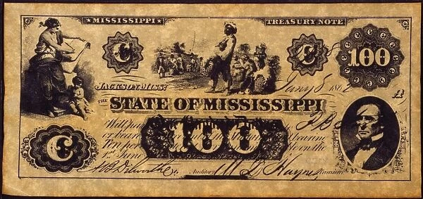 CONFEDERATE BANKNOTE. Treasury note for one hundred dollars issued by the State of Mississippi, 1862