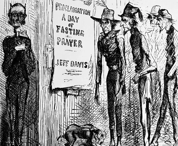 CONFEDERATE FASTING, 1863. Cartoon from a northern newspaper poking fun at Confederate President Jefferson Davis proclamation of a Day of fasting, humiliation and prayer, 27 March 1863, during the American Civil War