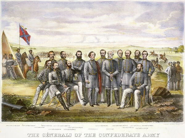 CONFEDERATE GENERALS. The Generals of the Confederate Army. Jefferson Davis, with red cloak, is at center left; Robert E. Lee, standing with saber, is at center right. Contemporary American lithograph