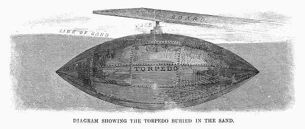 Confederate torpedo (land mine) placed in the sand in front of a battery defending Charleston, South Carolina in the American Civil War. Wood engraving, 1863